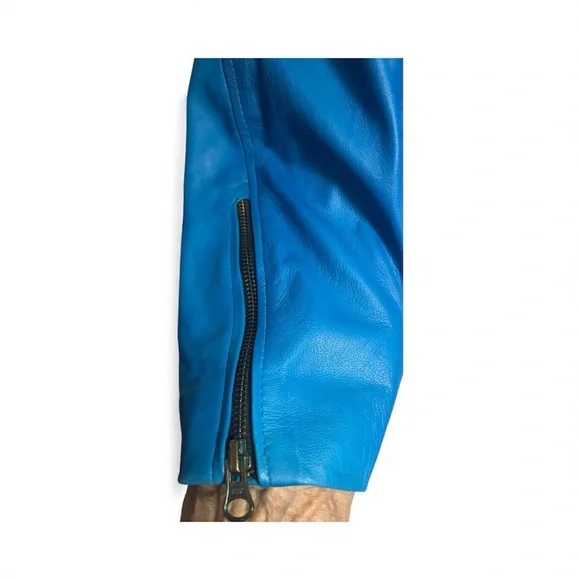 Genuine Leather Distressed Look Cafe Racer Jacket Zip Front & Sleeves Blue Large